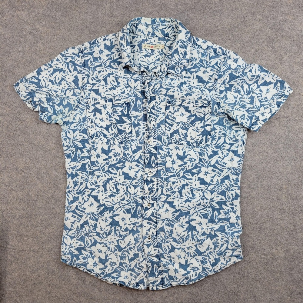 Agave‎ Denim Shirt Mens Small Blue Floral Hawaiian Button Front Short Sleeve